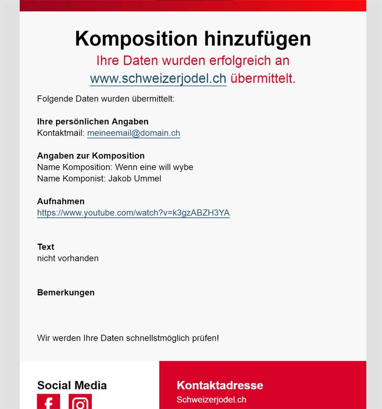 Bildliche Darstellung von So sieht das E-Mail aus, welches nach dem Hinzufügen einer Komposition, eines Komponisten, einer Veranstaltung, eines Interpreten oder eines Aufnahme verschickt wird. (Anklicken zum Vergrössern)